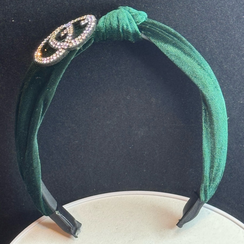 Green Velvet Rhinestone Headband - Picture 2 of 9